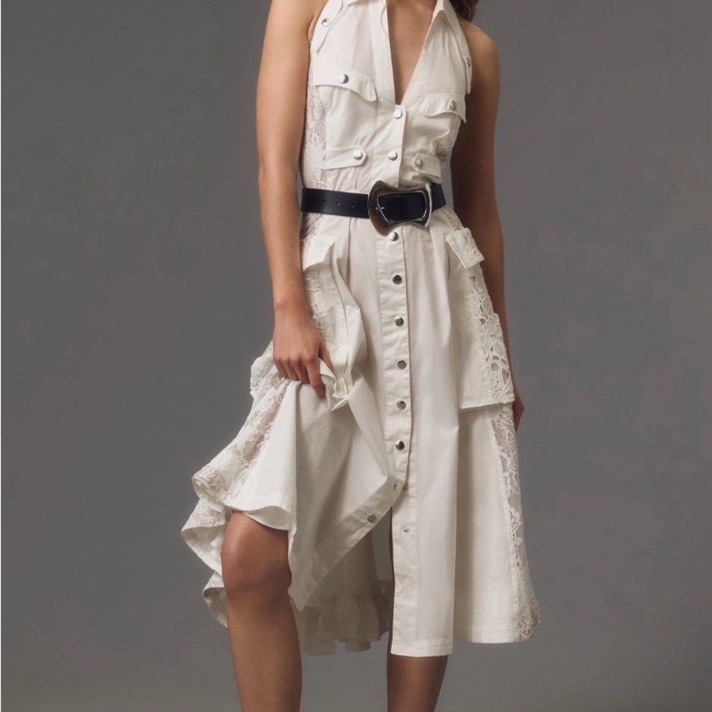 White Lace-Trim Halter Midi Dress with Belt